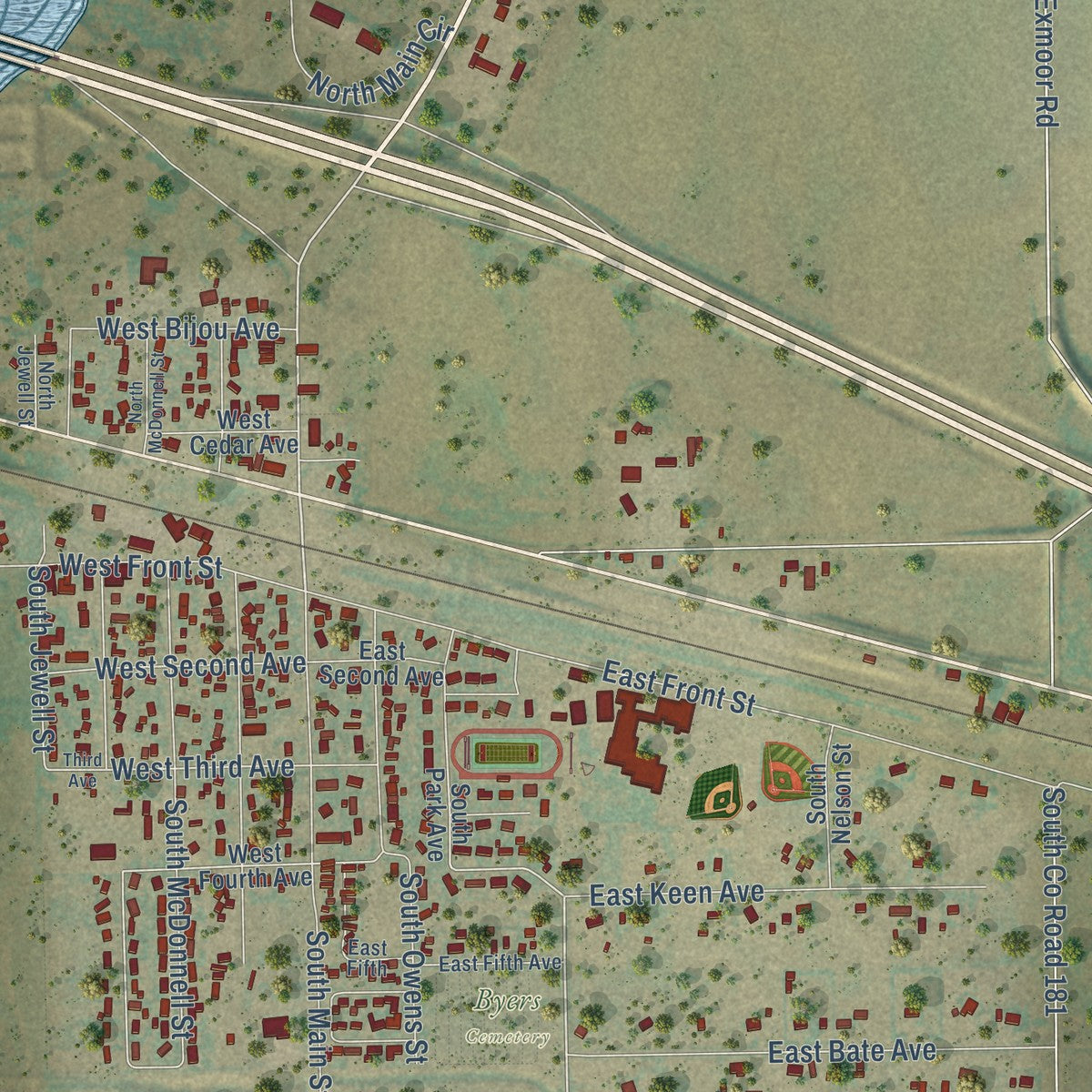 Close-up of the map of Byers, Colorado print showing street and building detail