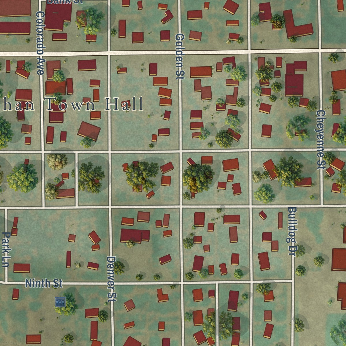 Close-up of the map of Calhan, Colorado print showing street and building detail