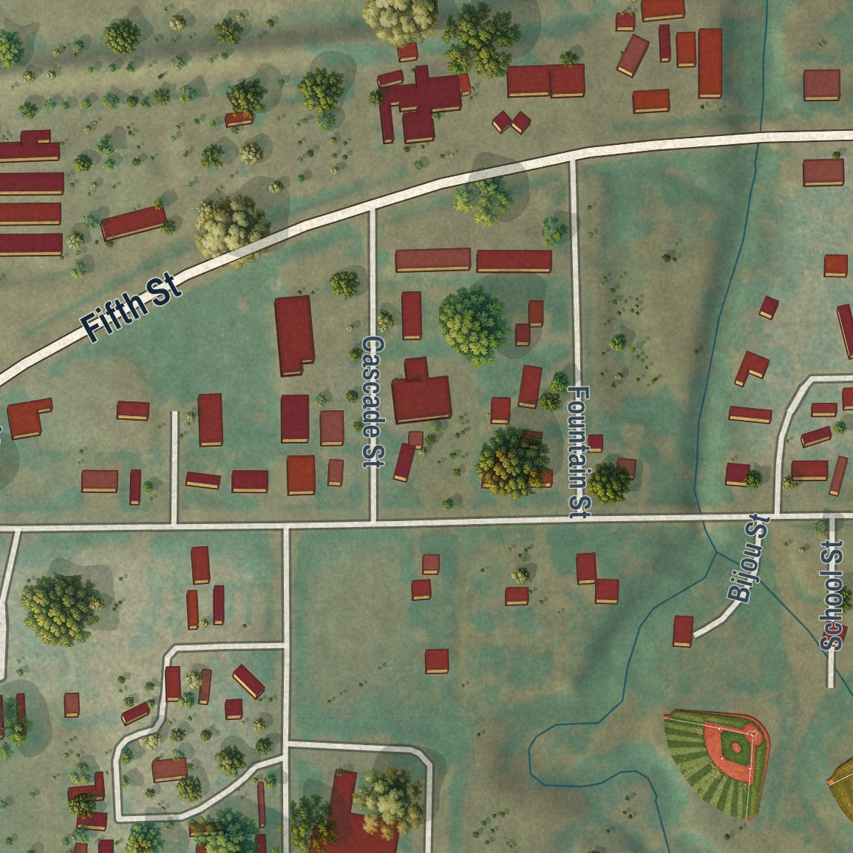 Second close-up of the map of Calhan, Colorado print showing more streets and buildings