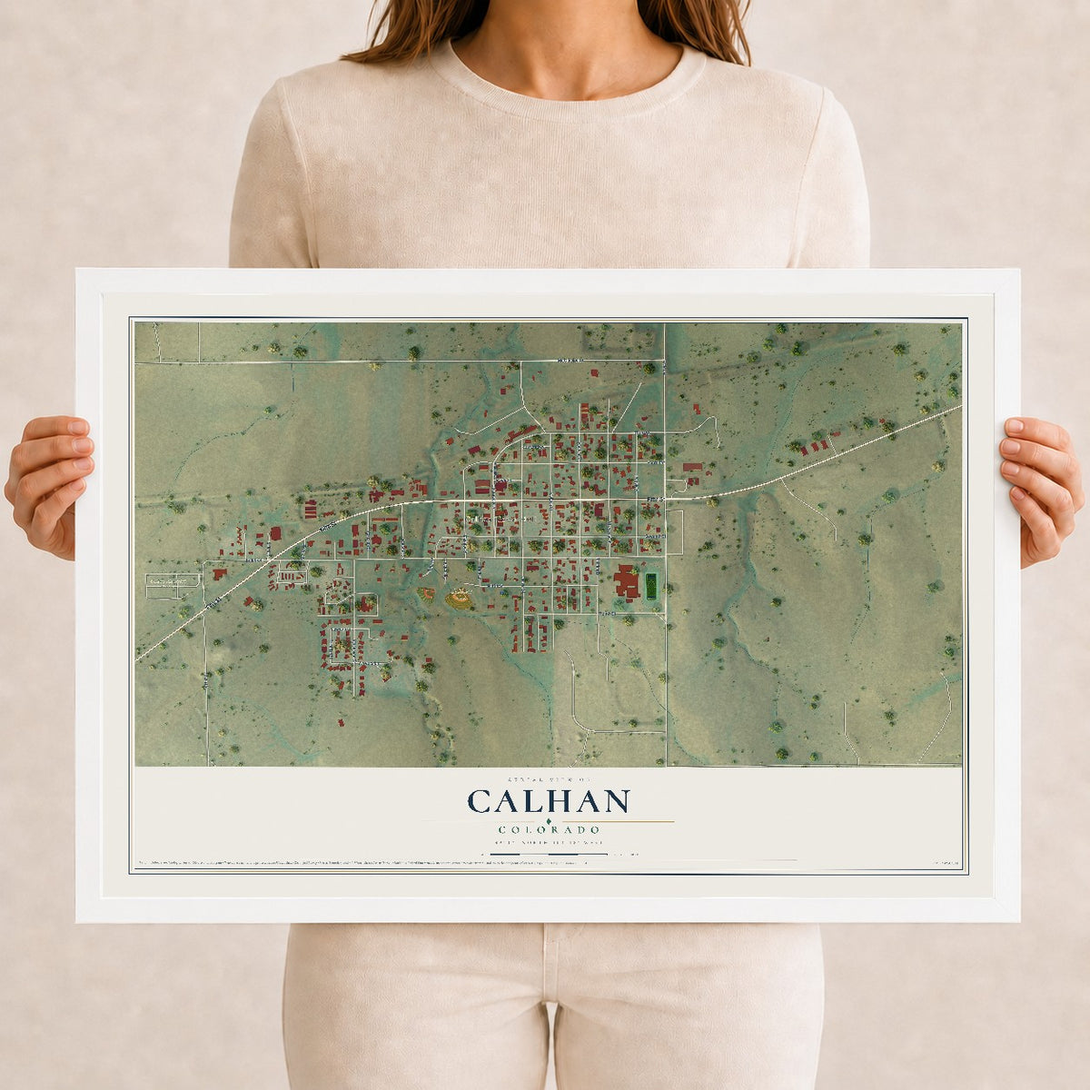 Map of Calhan, Colorado, 12 x 18 inch print in a white wood frame