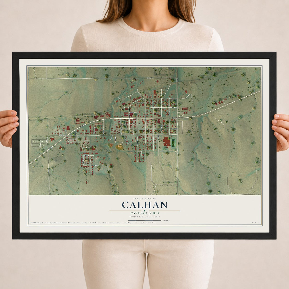 Map of Calhan, Colorado, 18 x 24 inch print in a black wood frame