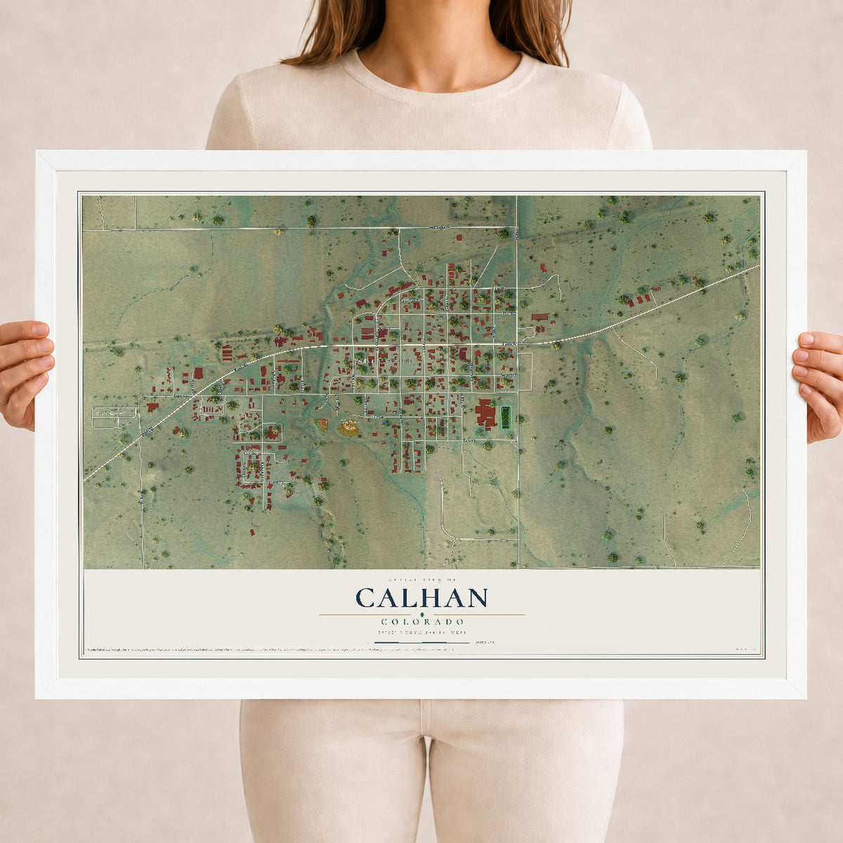 Map of Calhan, Colorado, 18 x 24 inch print in a white wood frame