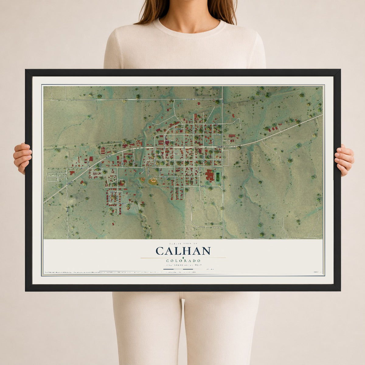 Map of Calhan, Colorado, 24 x 36 inch print in a black wood frame