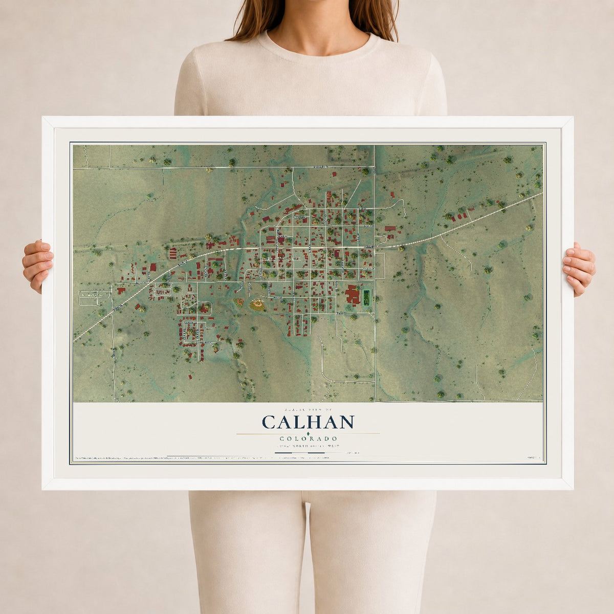 Map of Calhan, Colorado, 24 x 36 inch print in a white wood frame