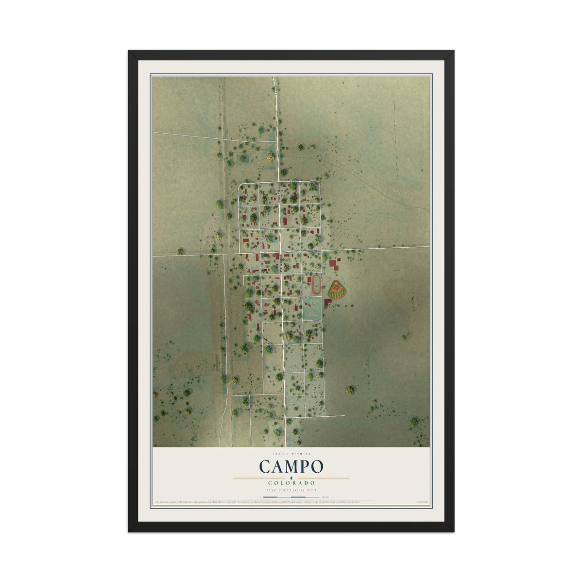 Map of Campo, Colorado, 12 x 18 inch print in a black wood frame