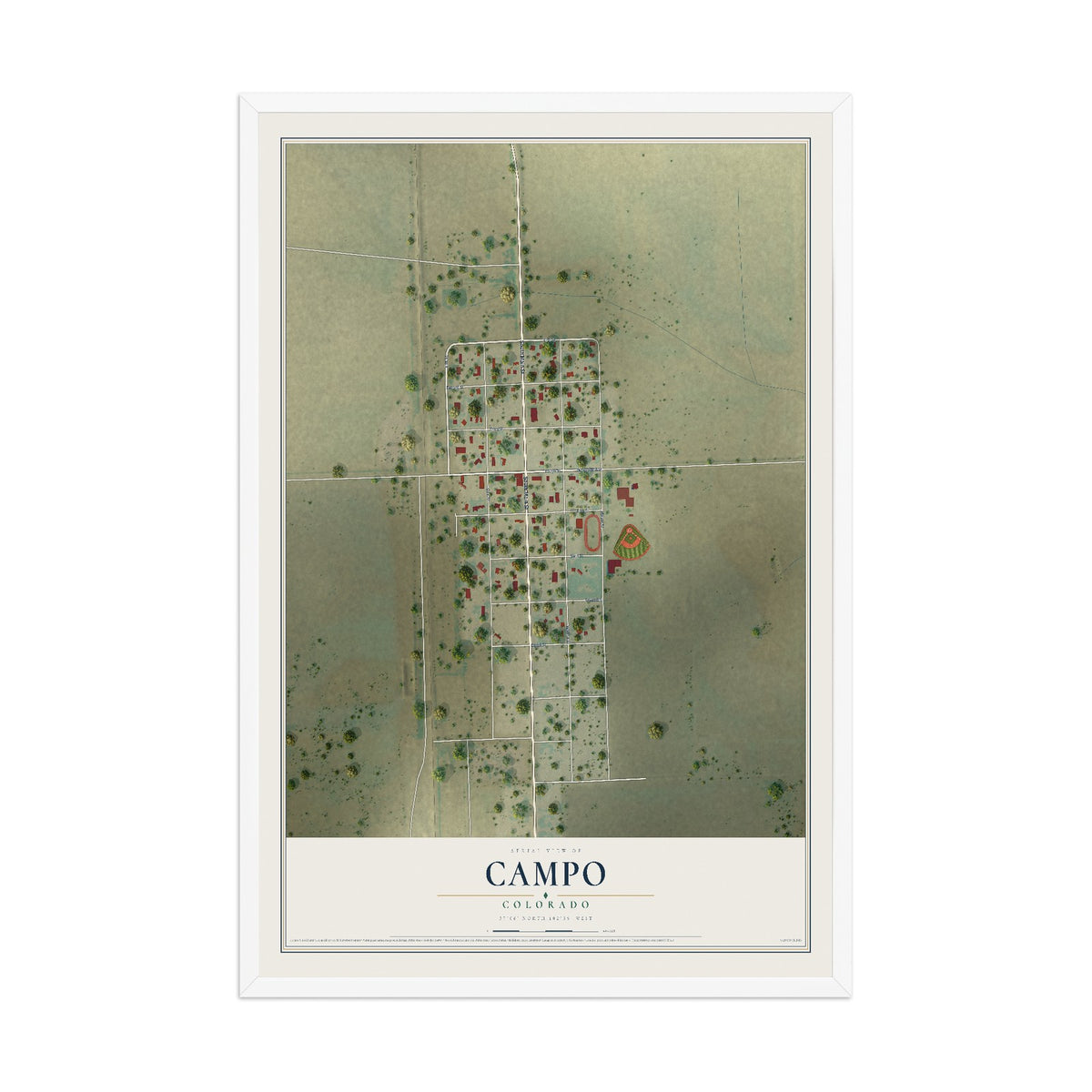 Map of Campo, Colorado, 12 x 18 inch print in a white wood frame