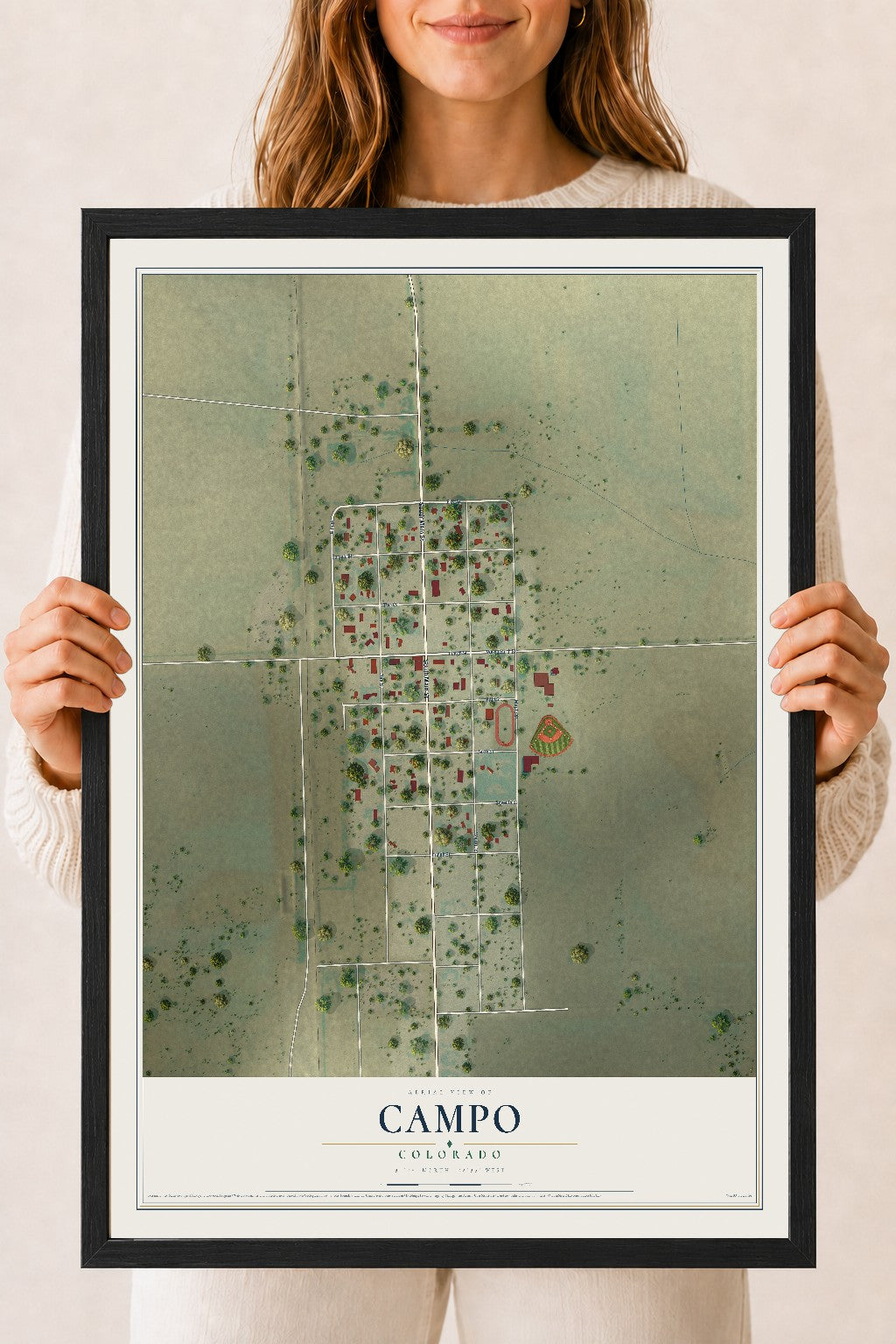 Map of Campo, Colorado, 18 x 24 inch print in a black wood frame