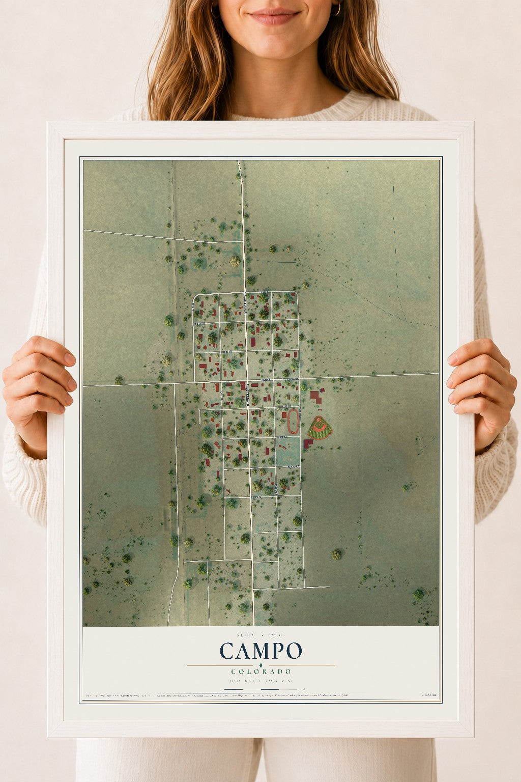 Map of Campo, Colorado, 18 x 24 inch print in a white wood frame
