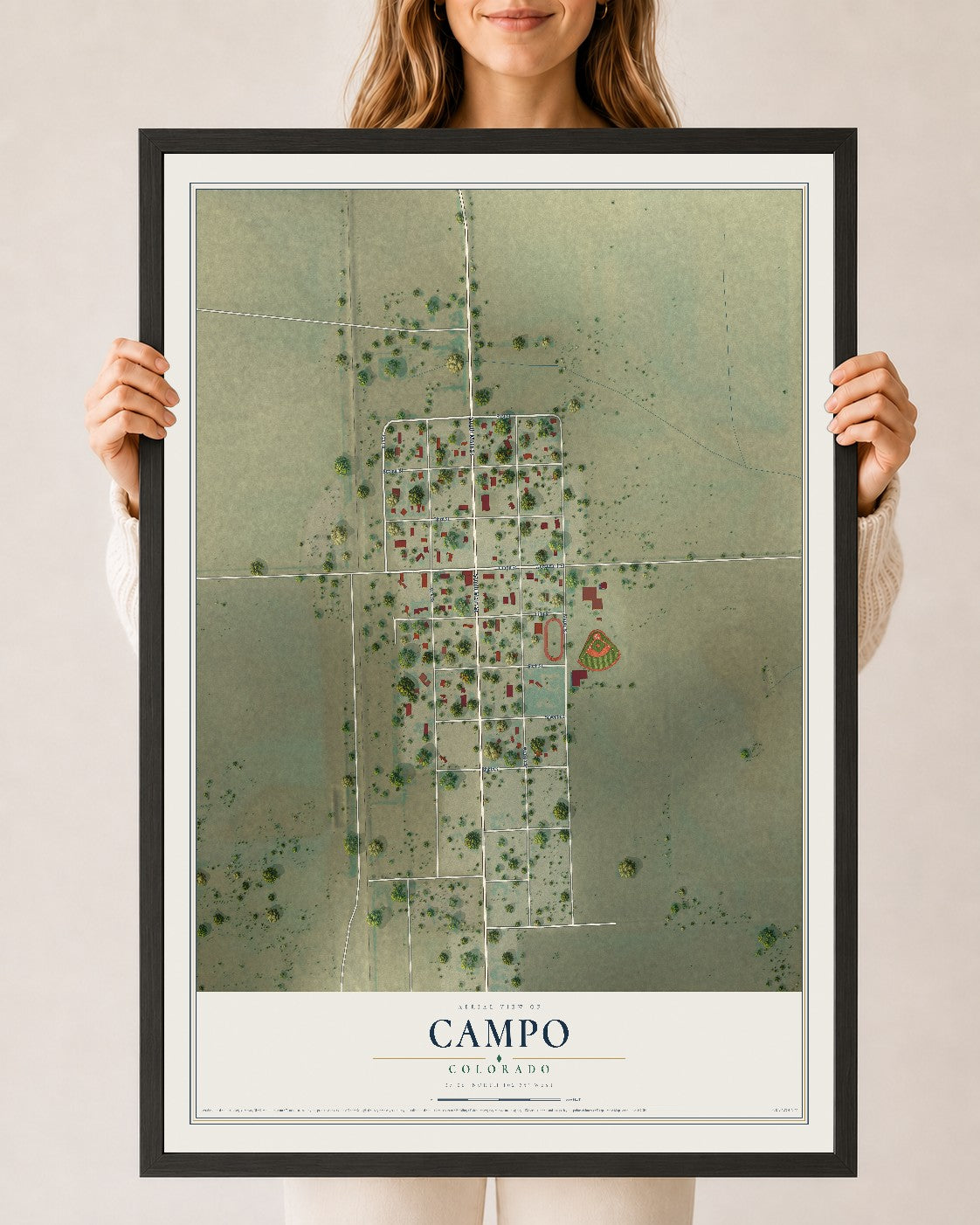 Map of Campo, Colorado, 24 x 36 inch print in a black wood frame