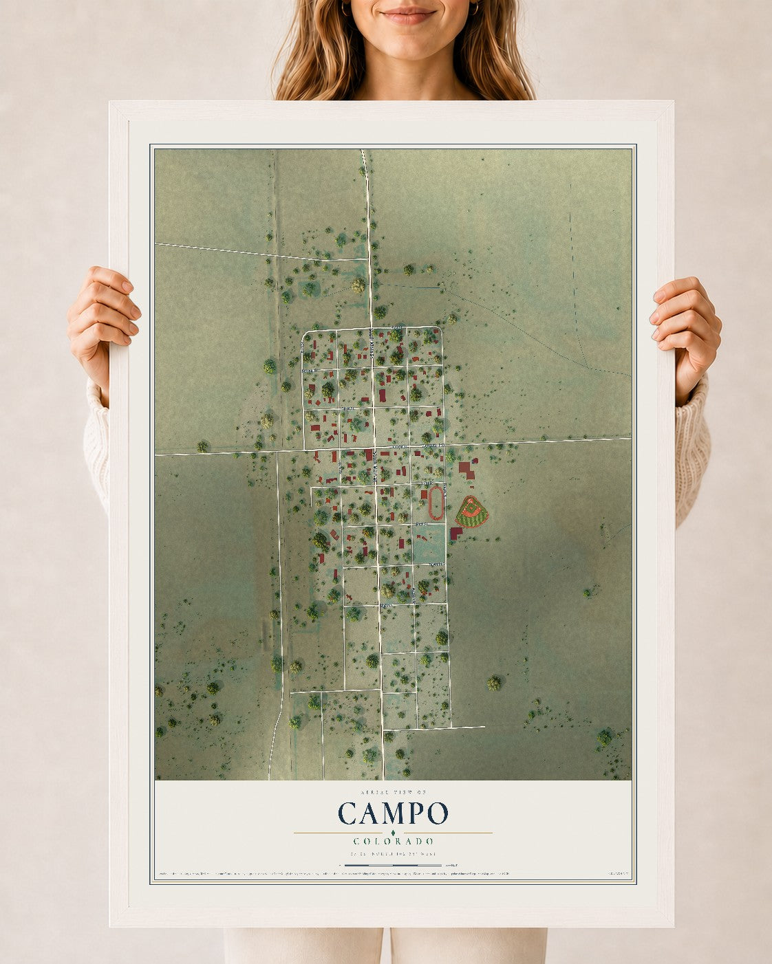 Map of Campo, Colorado, 24 x 36 inch print in a white wood frame