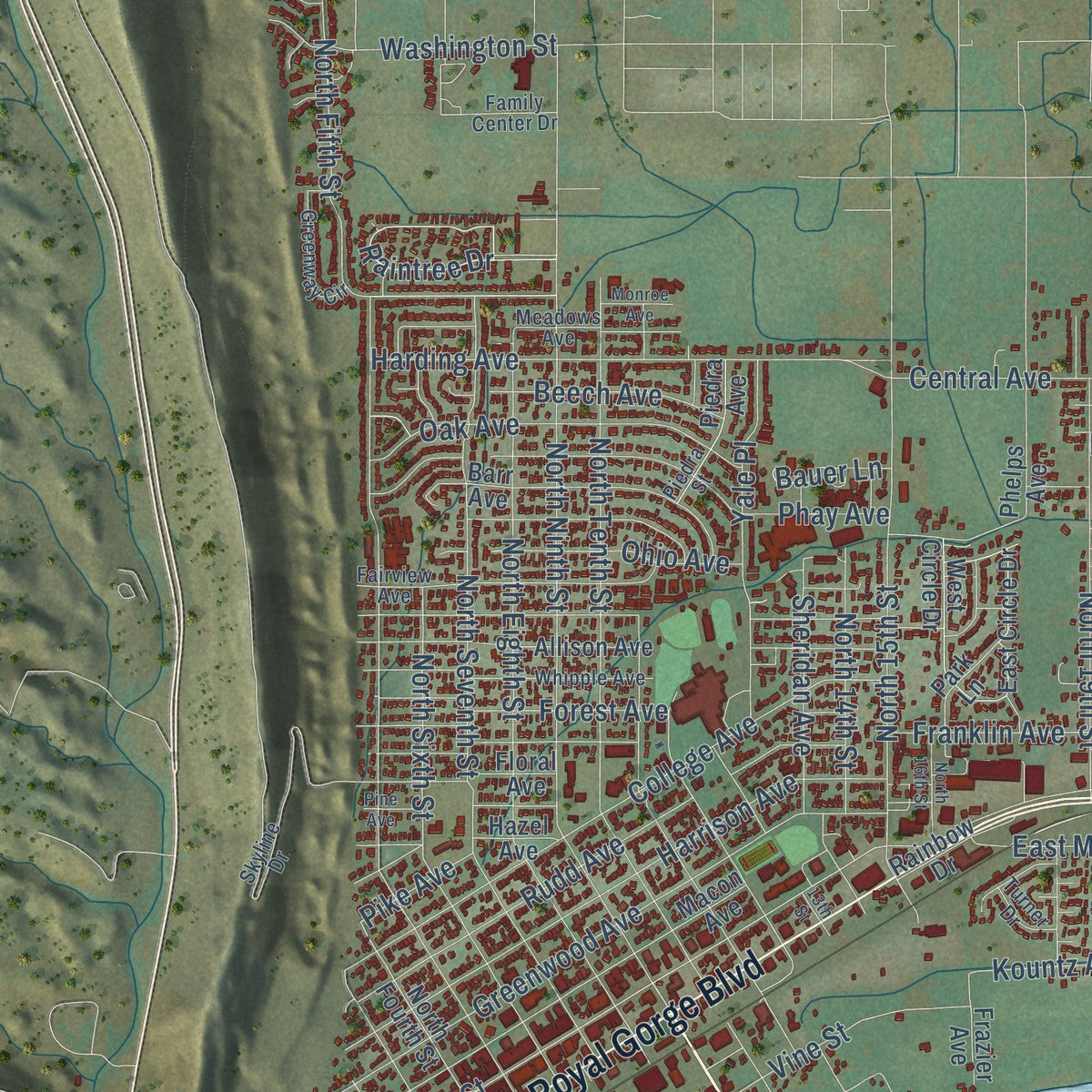 Second close-up of the map of Cañon City, Colorado print showing more streets and buildings