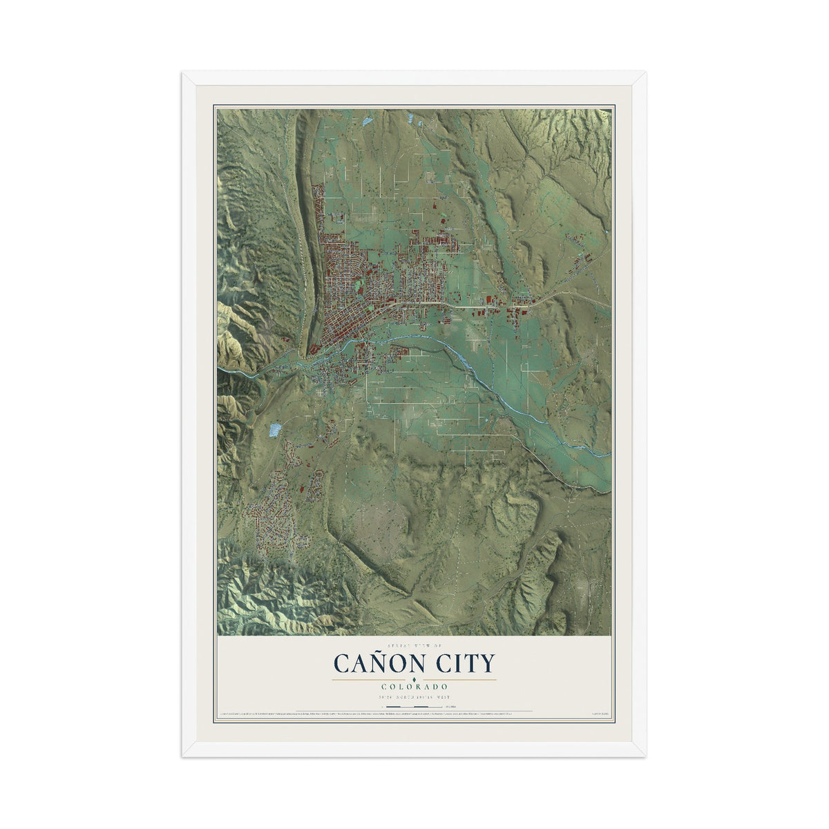 Map of Cañon City, Colorado, 12 x 18 inch print in a white wood frame