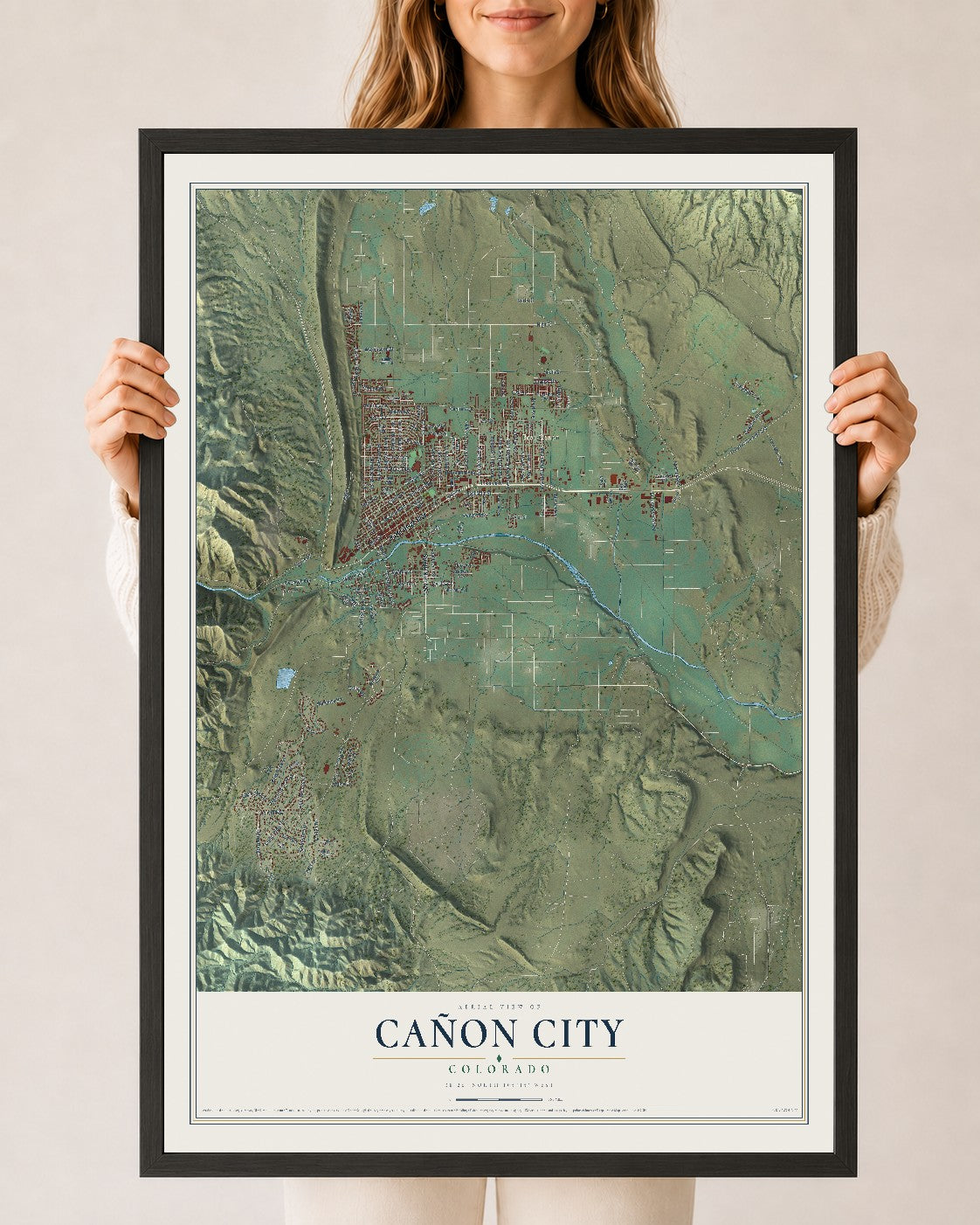 Map of Cañon City, Colorado, 24 x 36 inch print in a black wood frame