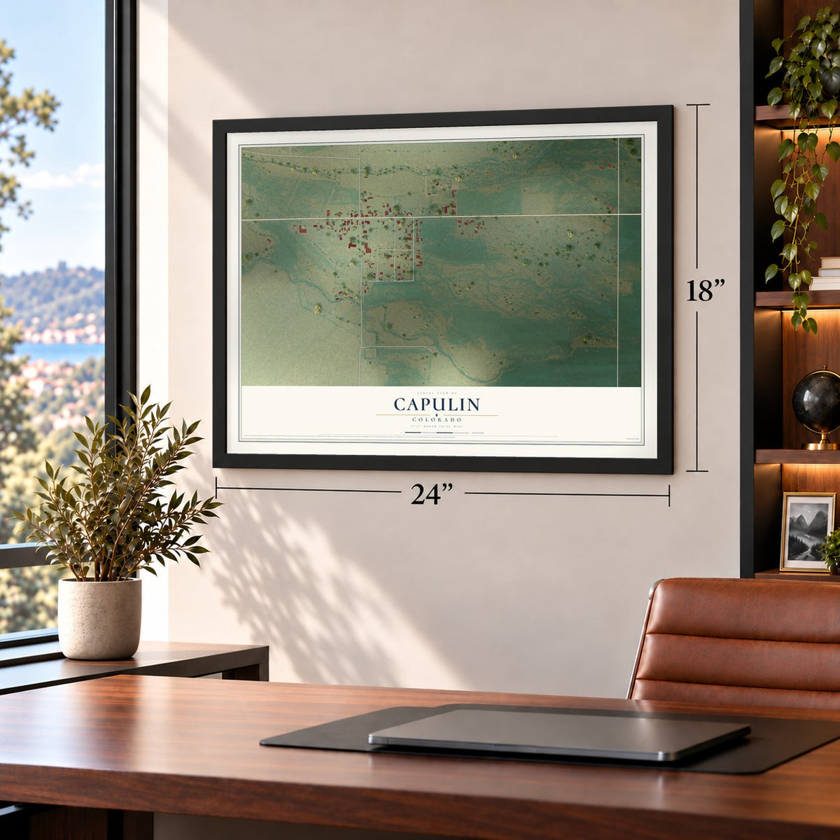 Capulin, Colorado map, 18 x 24 inch print in a black frame in a home office