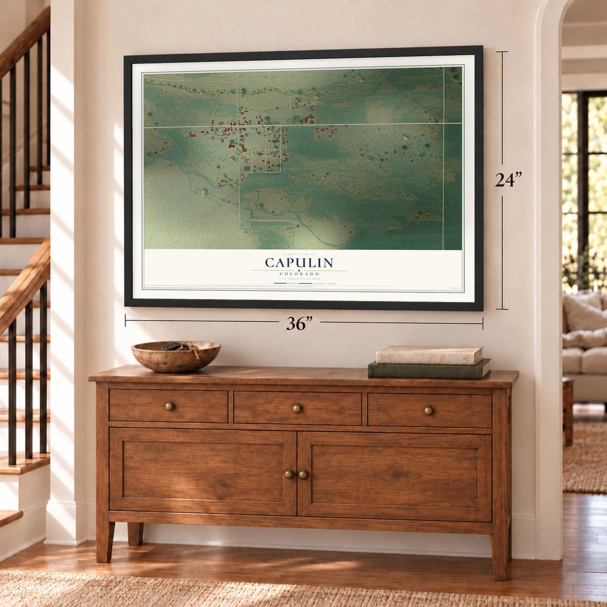 Capulin, Colorado map, 24 x 36 inch print in a black frame above a dresser by a staircase