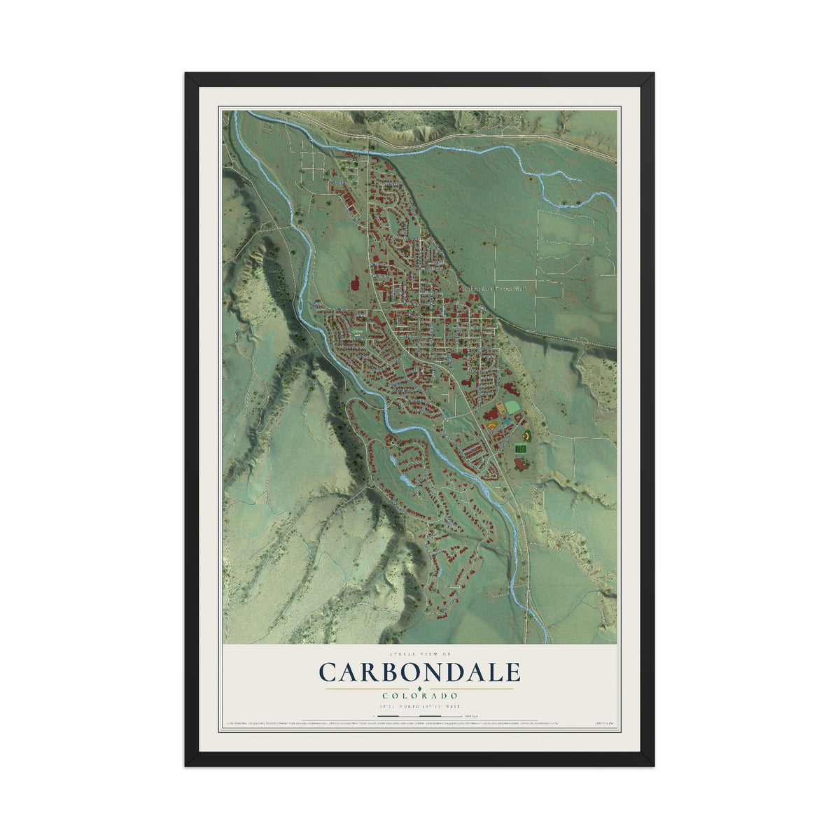 Map of Carbondale, Colorado, 12 x 18 inch print in a black wood frame
