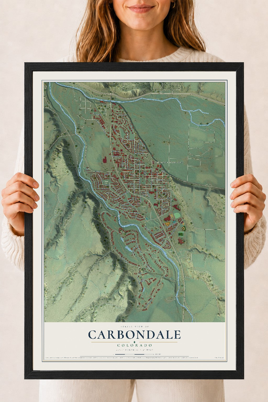 Map of Carbondale, Colorado, 18 x 24 inch print in a black wood frame