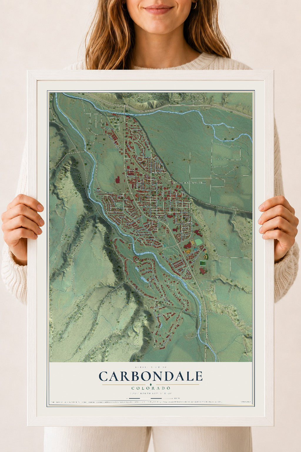 Map of Carbondale, Colorado, 18 x 24 inch print in a white wood frame