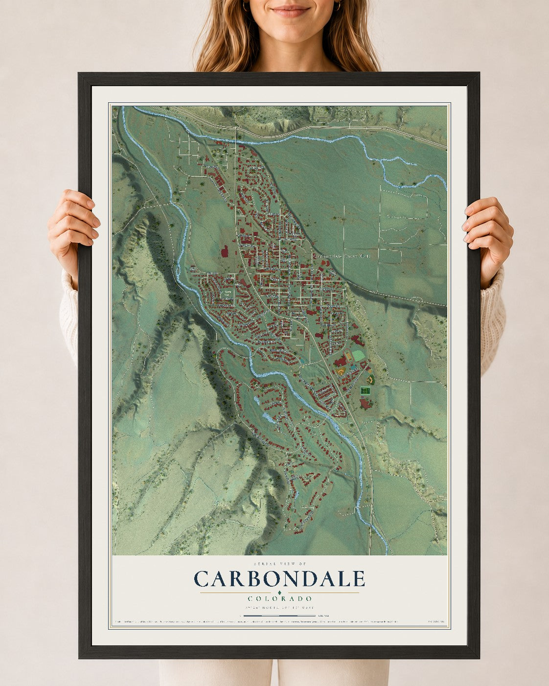 Map of Carbondale, Colorado, 24 x 36 inch print in a black wood frame