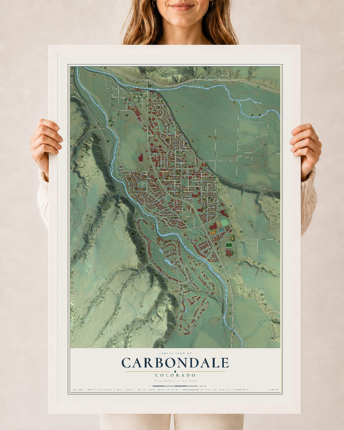 Map of Carbondale, Colorado, 24 x 36 inch print in a white wood frame