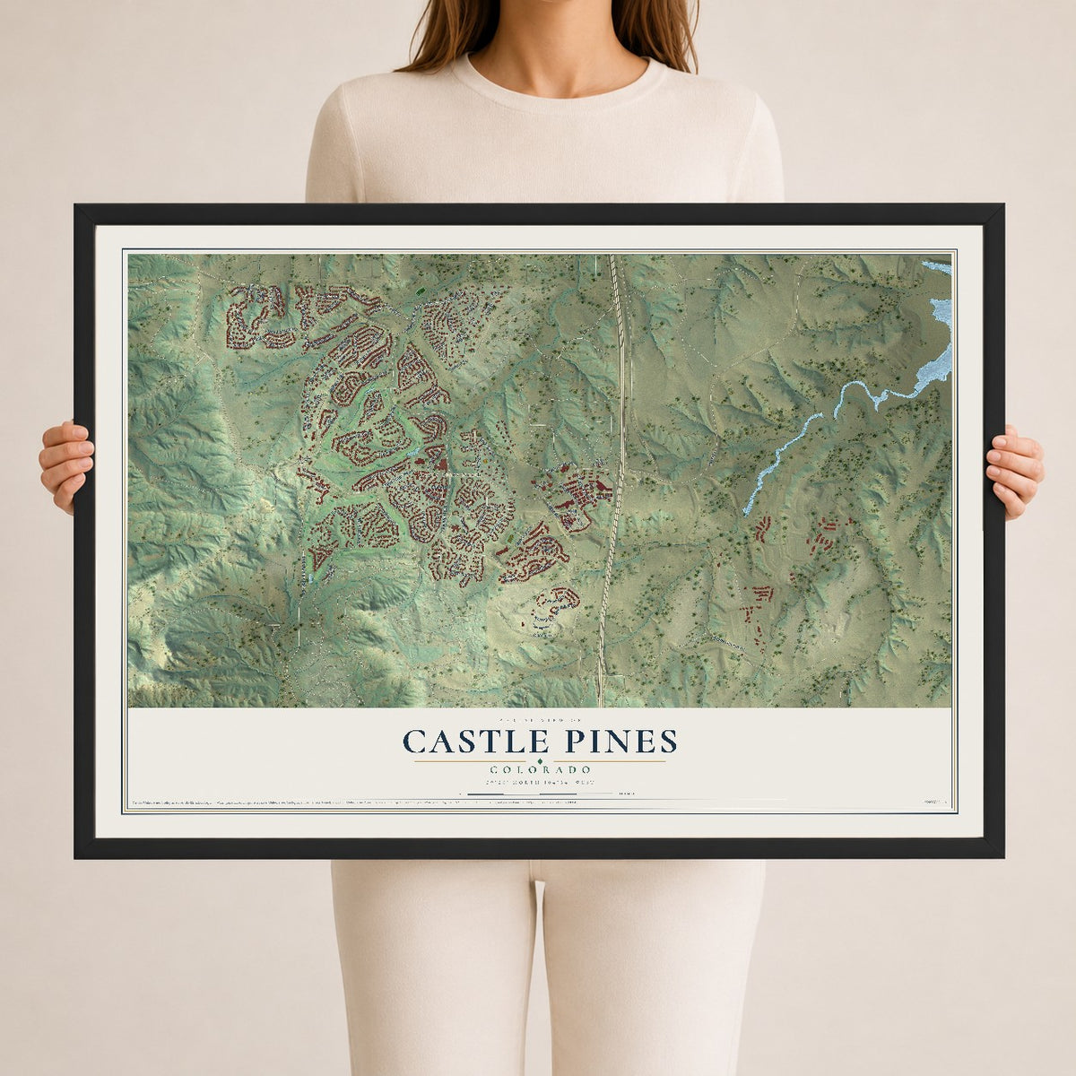 Map of Castle Pines, Colorado, 24 x 36 inch print in a black wood frame