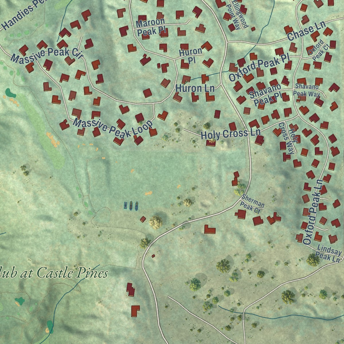Close-up of the map of Castle Pines Village, Colorado print showing street and building detail