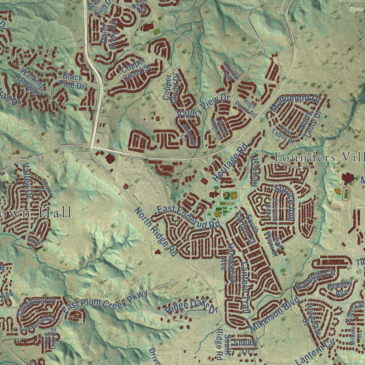 Close-up of the map of Castle Rock, Colorado print showing street and building detail