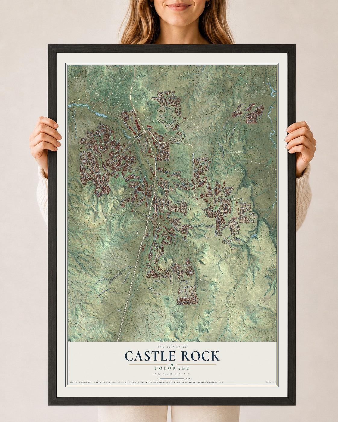 Map of Castle Rock, Colorado, 24 x 36 inch print in a black wood frame