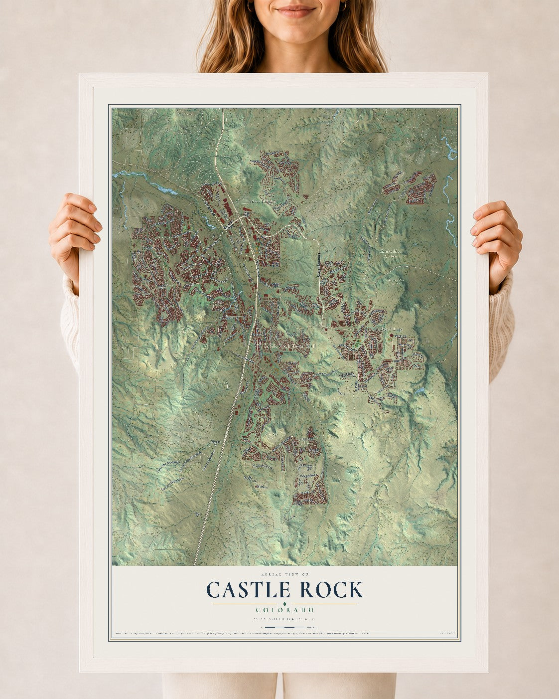Map of Castle Rock, Colorado, 24 x 36 inch print in a white wood frame