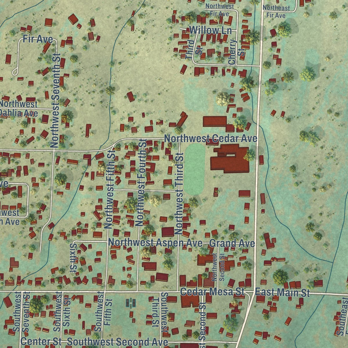 Close-up of the map of Cedaredge, Colorado print showing street and building detail