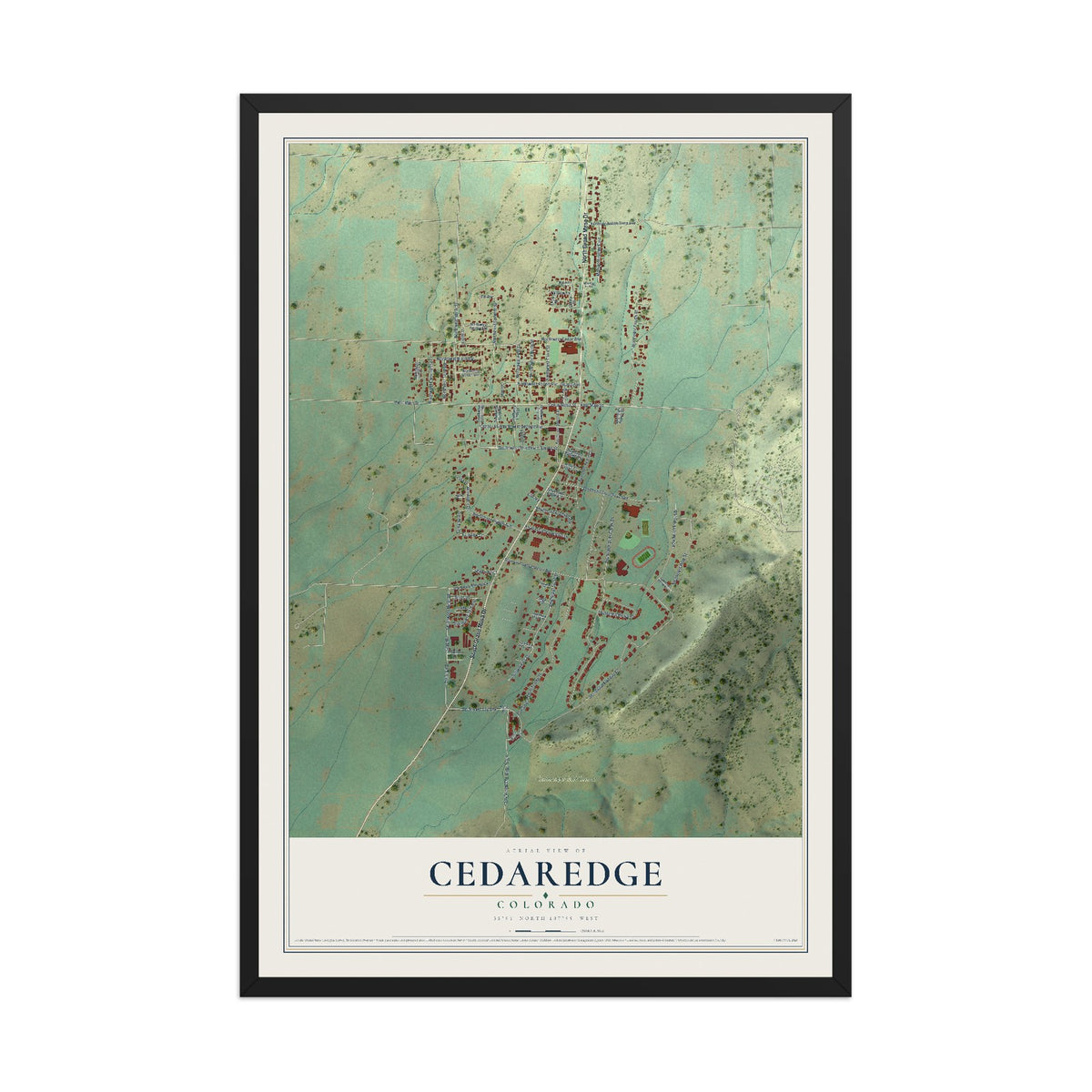 Map of Cedaredge, Colorado, 12 x 18 inch print in a black wood frame