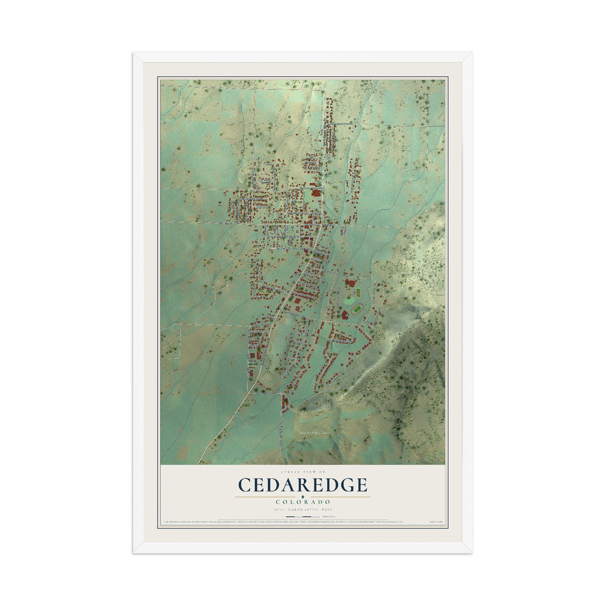 Map of Cedaredge, Colorado, 12 x 18 inch print in a white wood frame