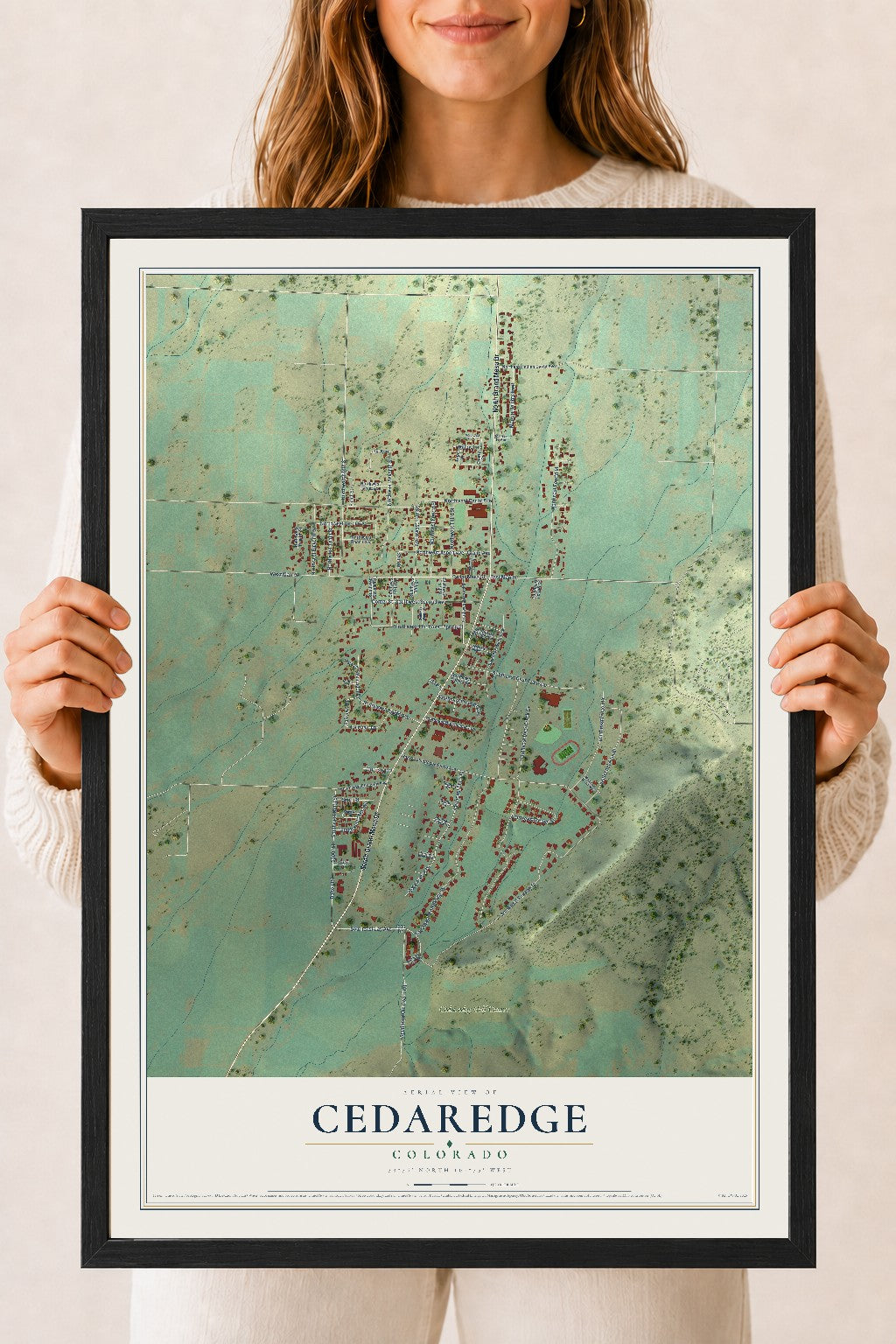 Map of Cedaredge, Colorado, 18 x 24 inch print in a black wood frame