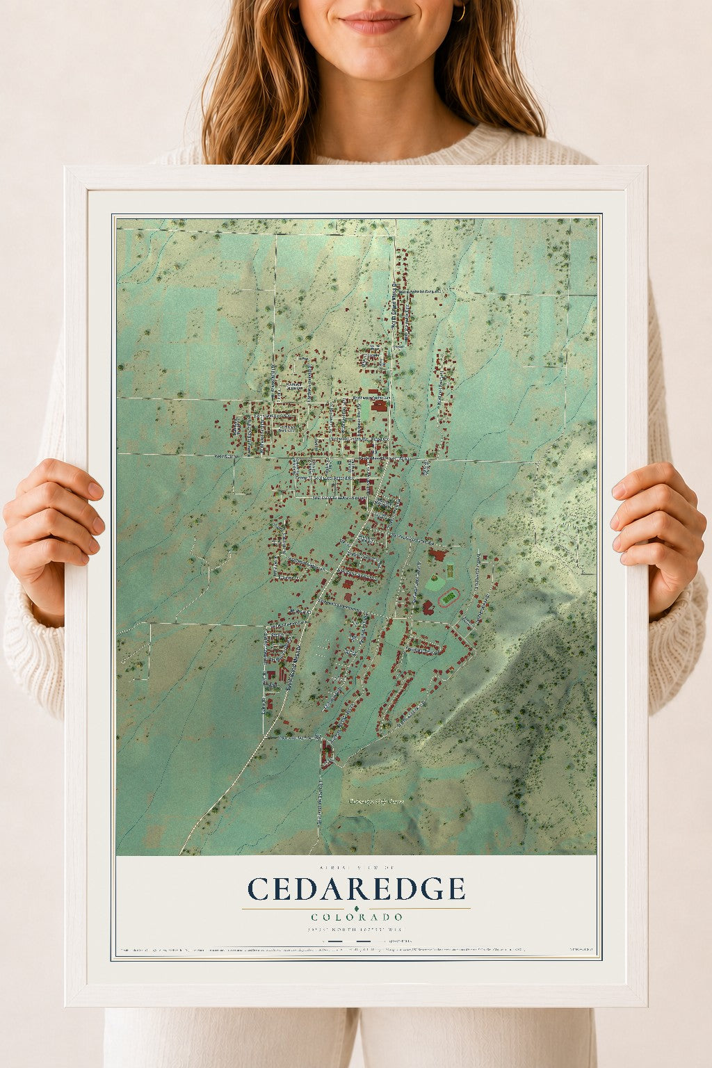 Map of Cedaredge, Colorado, 18 x 24 inch print in a white wood frame