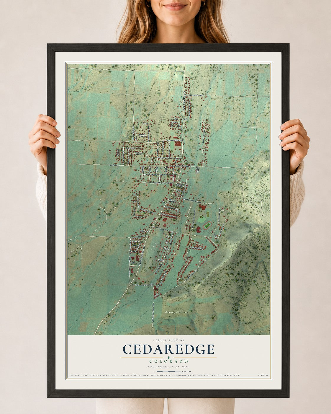 Map of Cedaredge, Colorado, 24 x 36 inch print in a black wood frame