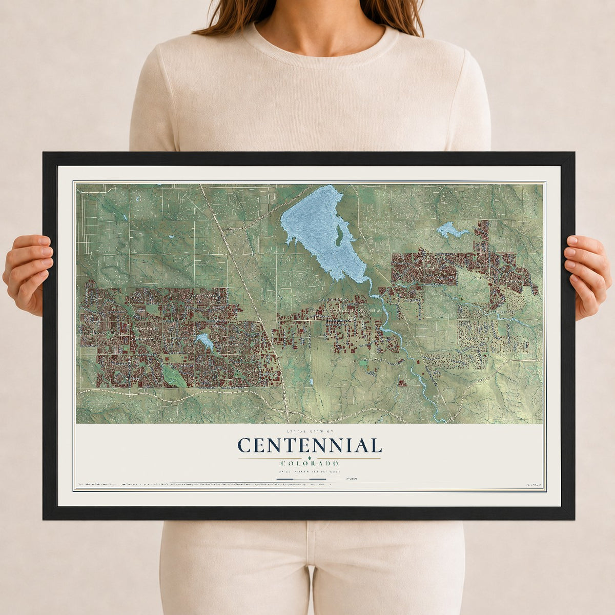Map of Centennial, Colorado, 12 x 18 inch print in a black wood frame