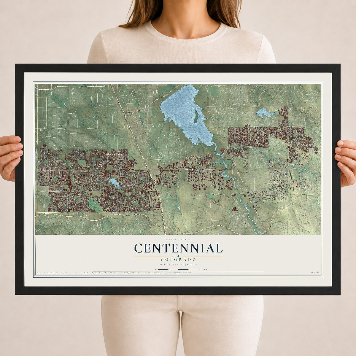Map of Centennial, Colorado, 18 x 24 inch print in a black wood frame