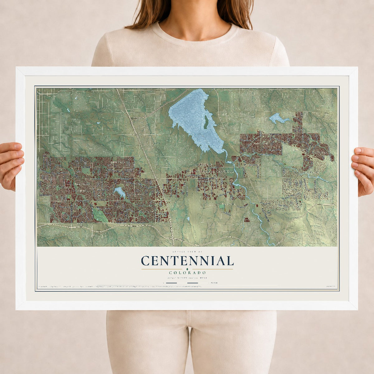 Map of Centennial, Colorado, 18 x 24 inch print in a white wood frame
