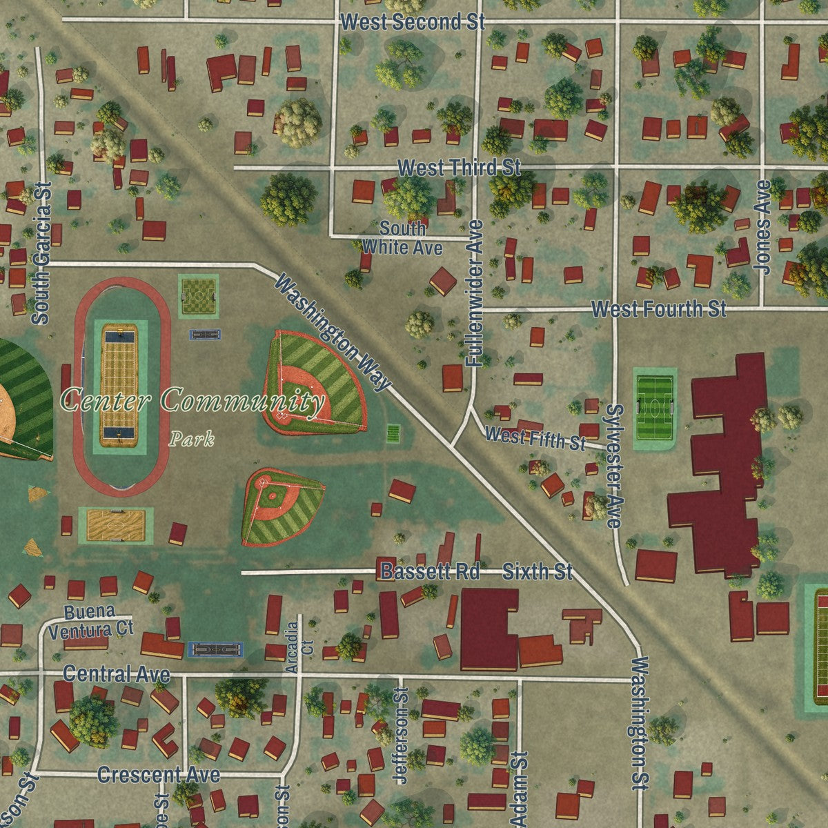 Second close-up of the map of Center, Colorado print showing more streets and buildings