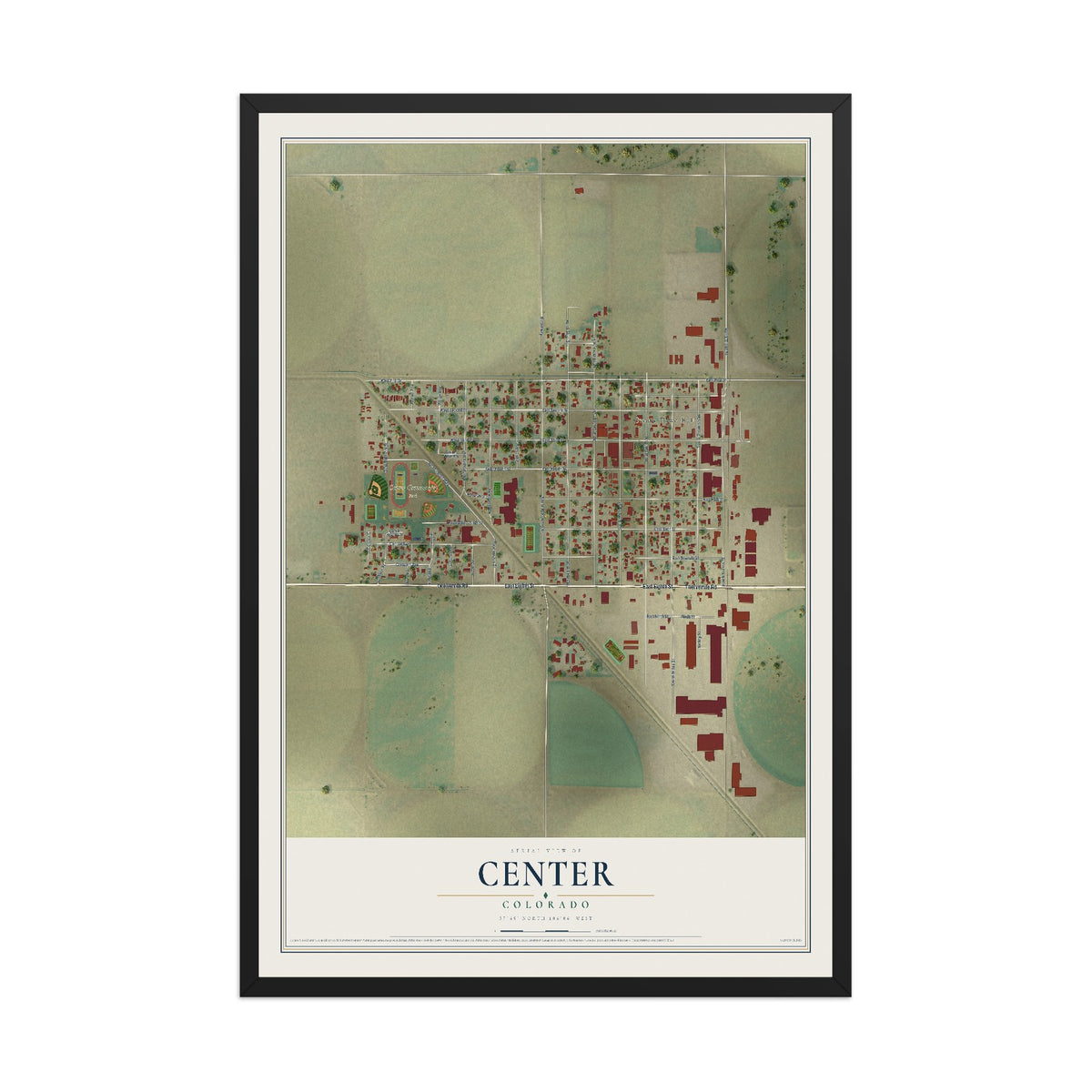 Map of Center, Colorado, 12 x 18 inch print in a black wood frame