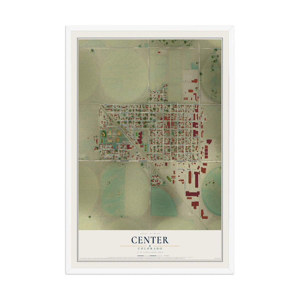 Map of Center, Colorado, 12 x 18 inch print in a white wood frame