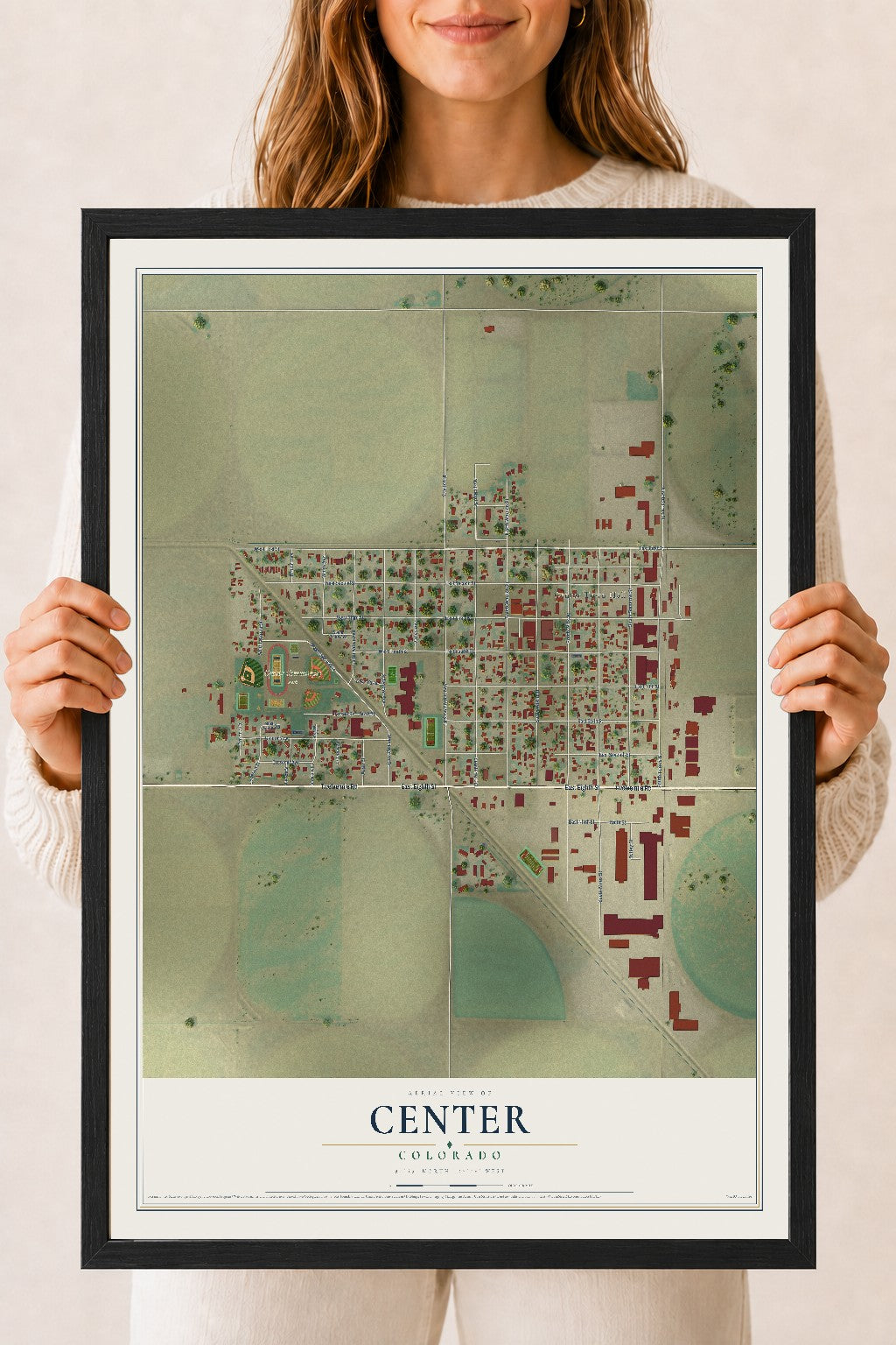 Map of Center, Colorado, 18 x 24 inch print in a black wood frame