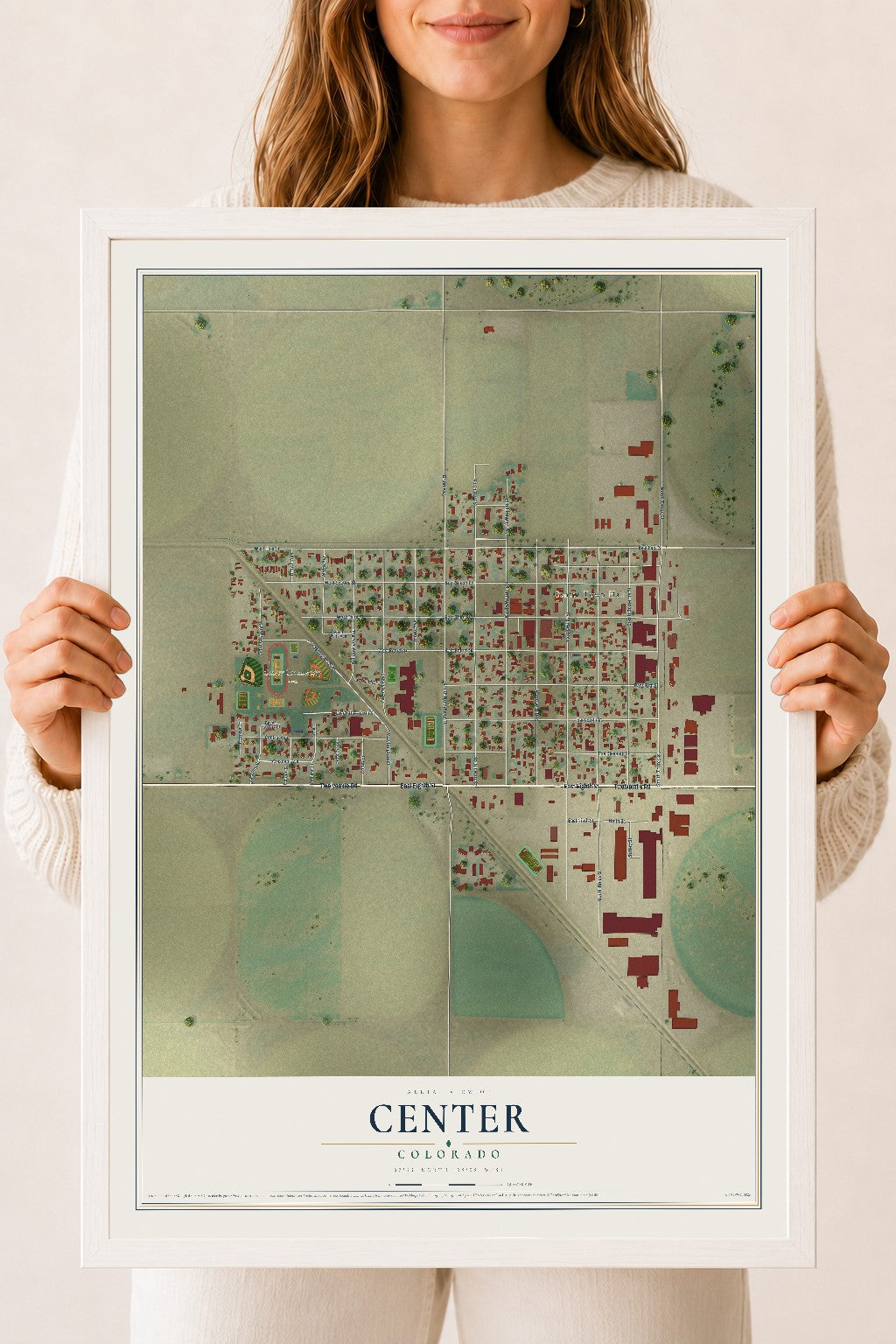 Map of Center, Colorado, 18 x 24 inch print in a white wood frame
