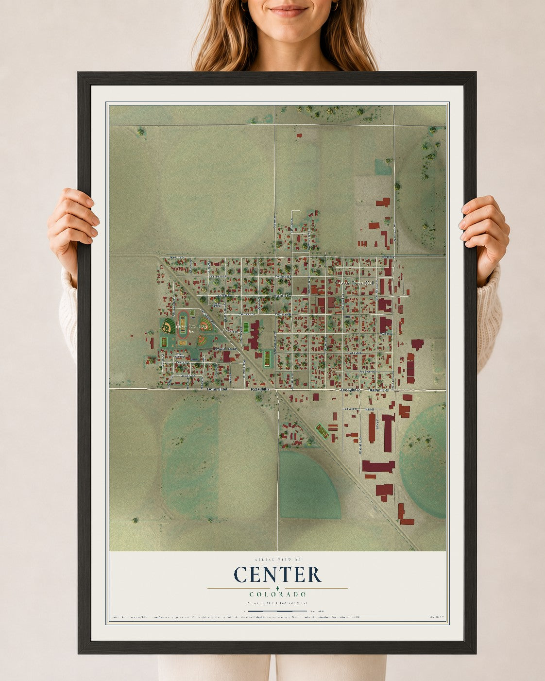 Map of Center, Colorado, 24 x 36 inch print in a black wood frame