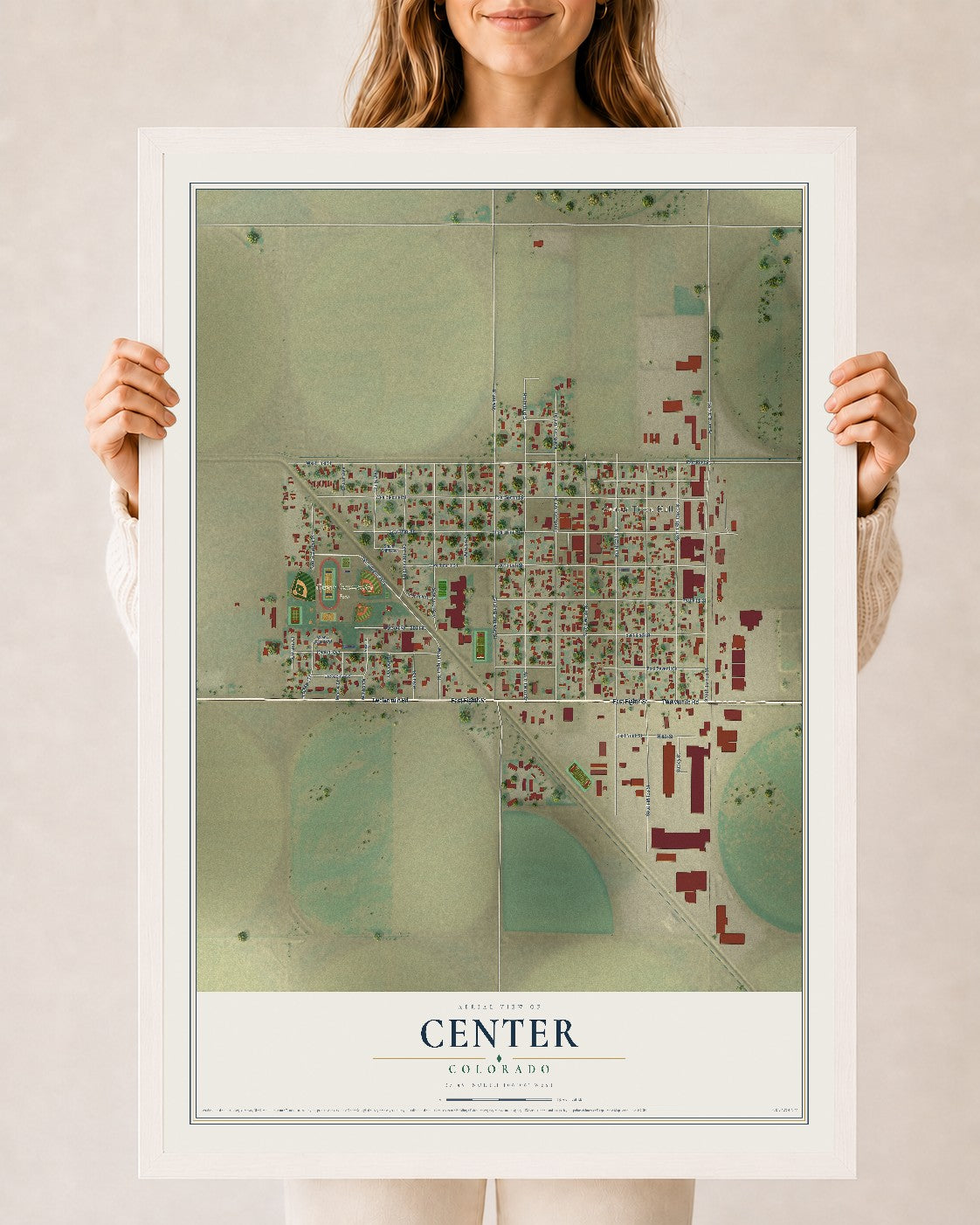Map of Center, Colorado, 24 x 36 inch print in a white wood frame