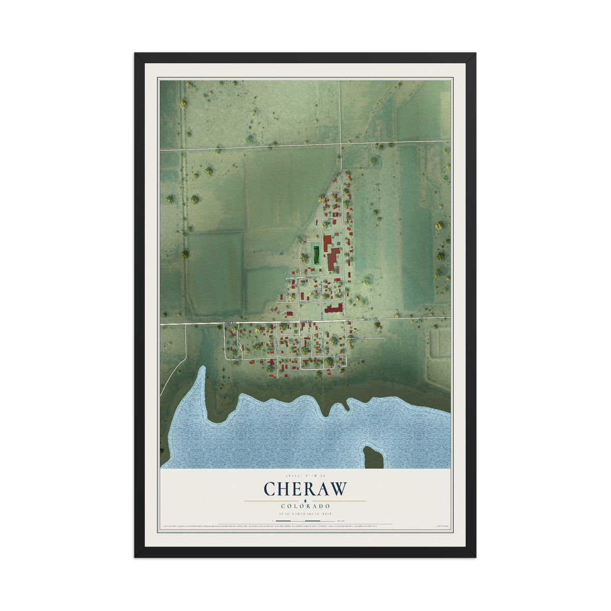 Map of Cheraw, Colorado, 12 x 18 inch print in a black wood frame
