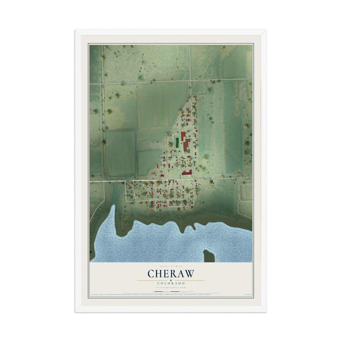 Map of Cheraw, Colorado, 12 x 18 inch print in a white wood frame