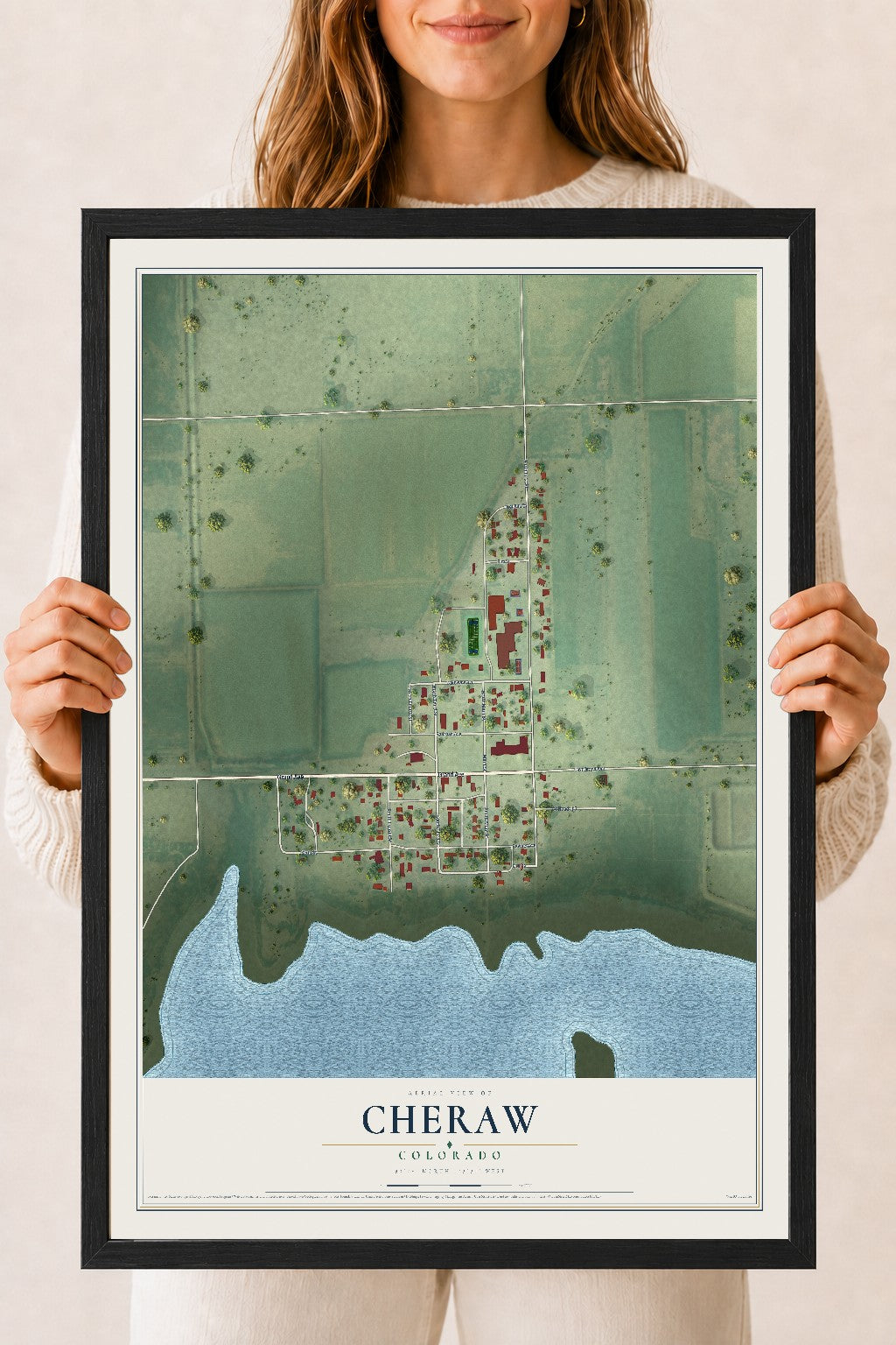 Map of Cheraw, Colorado, 18 x 24 inch print in a black wood frame