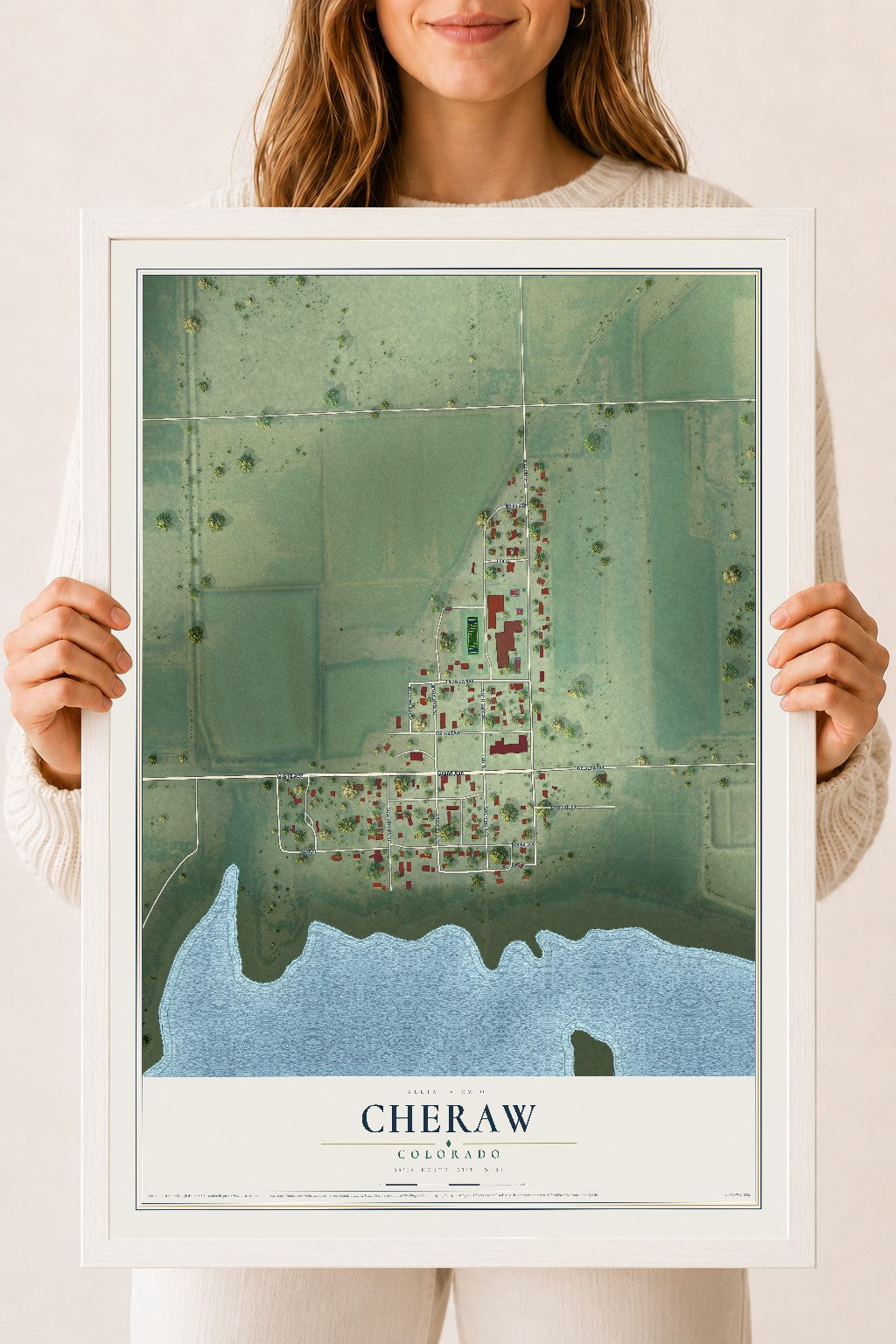Map of Cheraw, Colorado, 18 x 24 inch print in a white wood frame