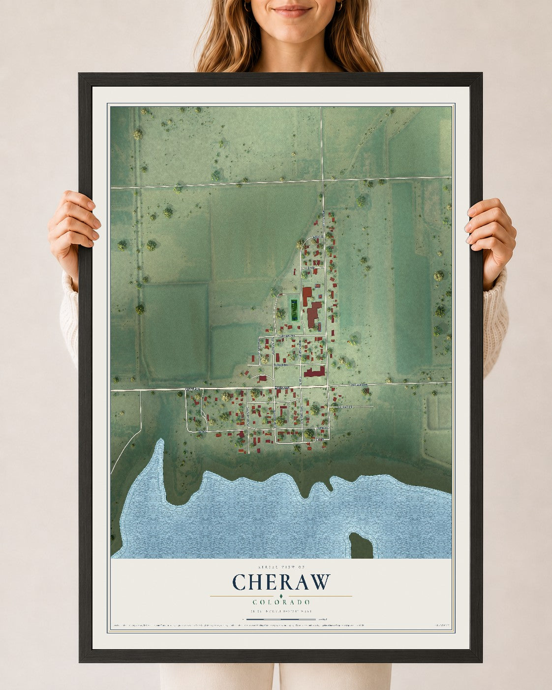 Map of Cheraw, Colorado, 24 x 36 inch print in a black wood frame